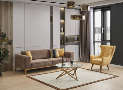 Sofa set Sofa 4 Seater Armchair Yellow Fabric Btaun Modern four seater